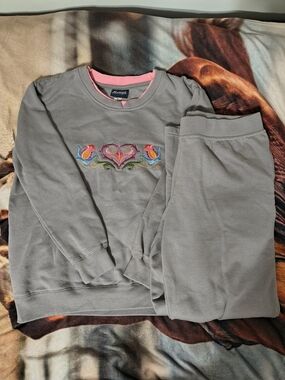 Pembrook Gray Sweat Set Pajama Set with Pink Trim and Embroidered Heart